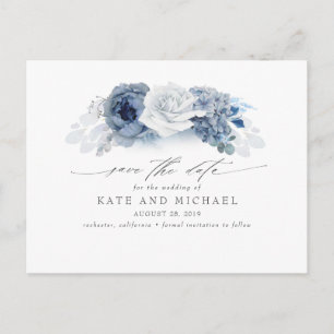 Carte Postale Dusty et Navy Blue Floral Boho Enregistrer la date
