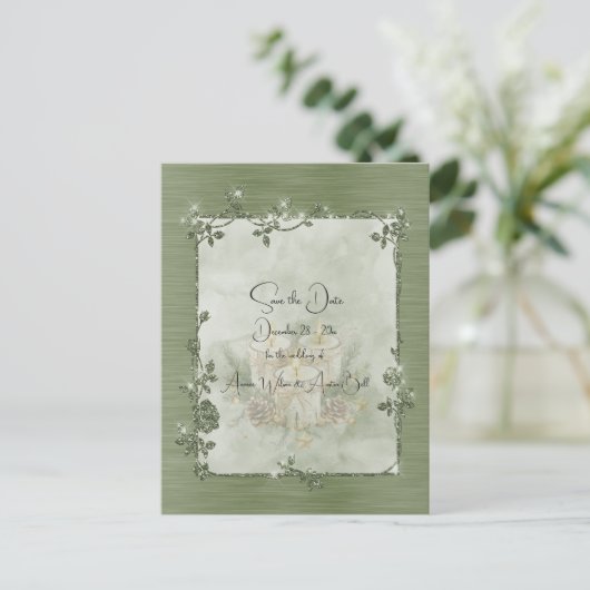 Carte Postale Dusty Green Shiny Elegant Sparkly Save the Date (Debout devant)