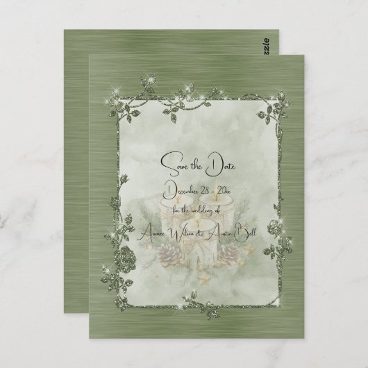 Carte Postale Dusty Green Shiny Elegant Sparkly Save the Date (Devant / Derrière)