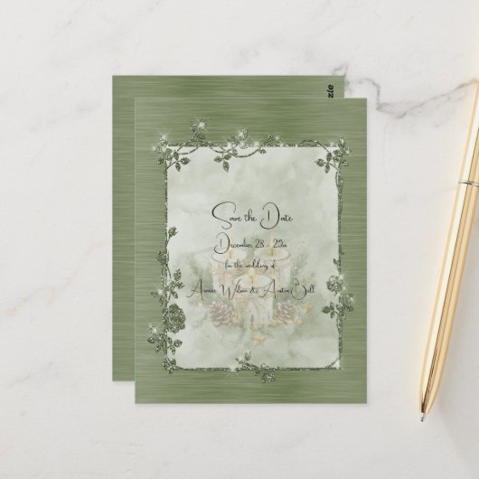 Carte Postale Dusty Green Shiny Elegant Sparkly Save the Date (Devant/Arrière en situation)