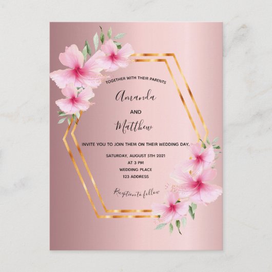Carte Postale Dusty rose faire-part de mariage floral or (Devant)