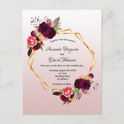 Carte Postale Dusty rose floral bordeaux faire-part de mariage (Devant)