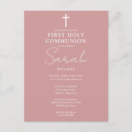 Carte Postale Dusty Rose rose Première Sainte Communion Invitati (Devant)