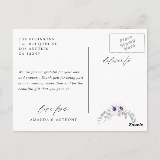 Carte Postale Dusty Violet Pastel Floral Mariage Photo Merci (Dos)