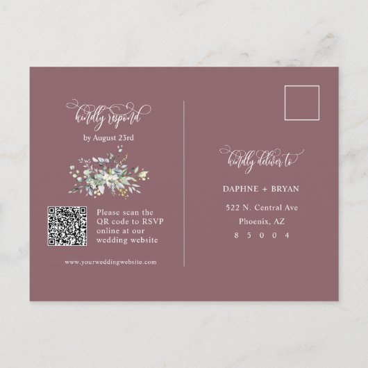Carte Postale Dusty violet vert Feuilles QR Code Adresse RSVP (Dos)
