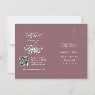 Carte Postale Dusty violet vert Feuilles QR Code Adresse RSVP