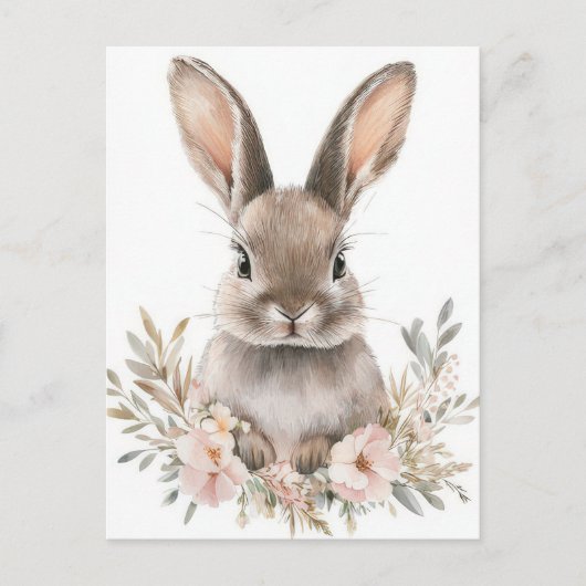 Carte Postale Easter Postcard with Flowers and Easter Bunny (Devant)