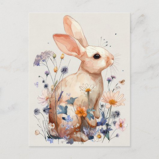 Carte Postale Easter Postcard with Flowers and Easter Bunny (Devant)