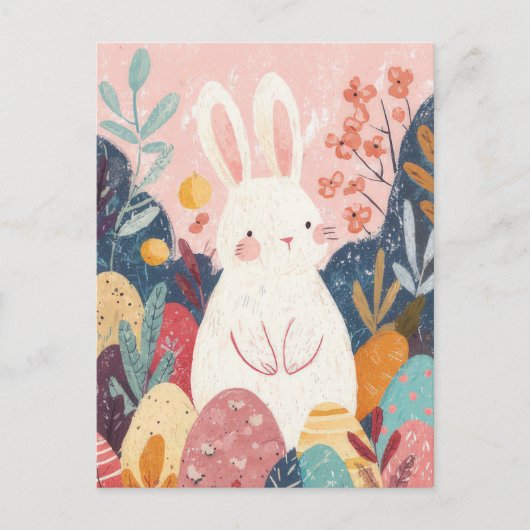 Carte Postale Easter Postcard with Flowers and Easter Bunny (Devant)