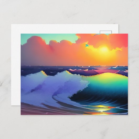 Carte Postale Eau d'océan bleue et nuages roses (Devant / Derrière)