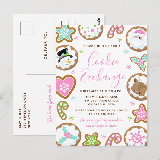 Carte Postale Échange de biscuits de Noël rose et vert (Devant / Derrière)