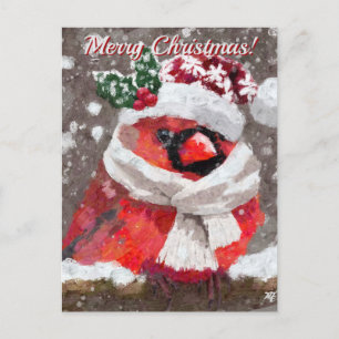 Carte Postale Écharpe chapeau d'oiseau cardinal neige vacances