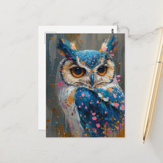 Carte Postale éclaboussures de peinture de hibou bleu lunaire (Devant/Arrière en situation)