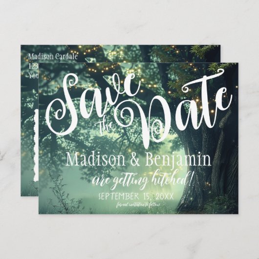 Carte Postale Éclairage des fées de chêne forestier enchanté Dat (Devant / Derrière)