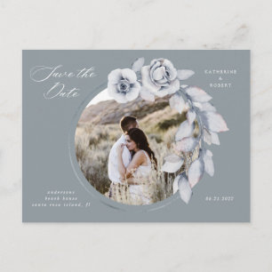 Carte Postale Économie de date de mariage florale aquarelle bleu