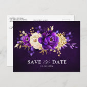 Carte Postale Économisez la date de la florale violette or royal (Devant / Derrière)