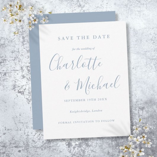 Carte Postale Économisez la date de mariage de script bleu pouss