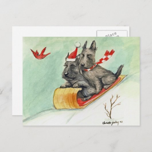 Carte postale écossaise Terrier Sleigh Ride Art (Devant / Derrière)