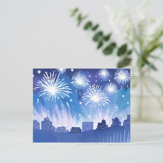 Carte Postale Écran Firework bleu | Aquarelle Fireworks (Debout devant)