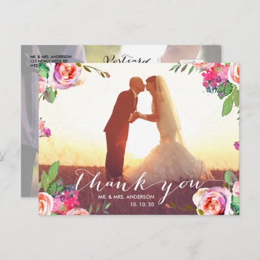Carte Postale Écriture à main florale 2 Mariage photo Merci (Devant / Derrière)