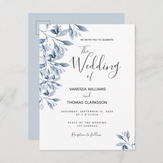 Carte Postale Écriture botanique blanche bleue faire-part de mar (Devant / Derrière)