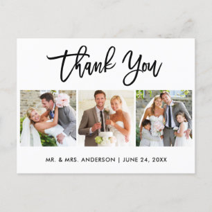 Carte Postale Écriture Brossée Moderne Mariage 3 Photo Merci