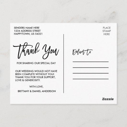 Carte Postale Écriture Brossée Moderne Mariage Amour et Merci Kr (Dos)