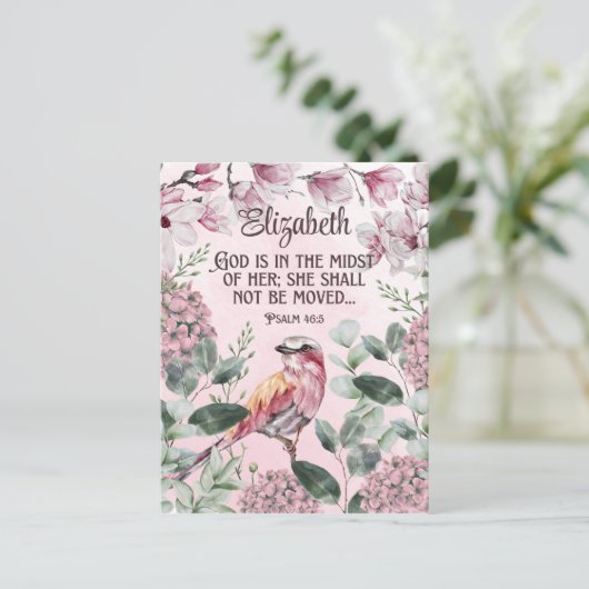 Carte Postale Ecriture chrétienne Aquarelle Oiseau Fleurs Nom P (Debout devant)