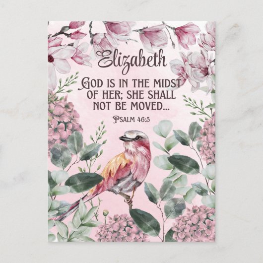 Carte Postale Ecriture chrétienne Aquarelle Oiseau Fleurs Nom P (Devant)