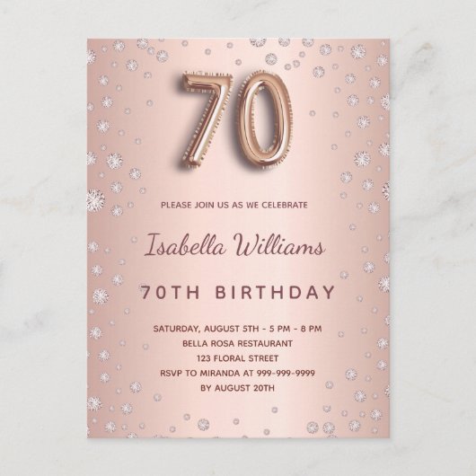 Carte Postale Écriture de ballons de diamants d'or rose à 70e an (Devant)