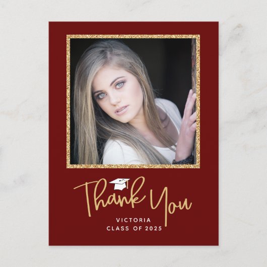 Carte Postale Écriture manuscrite Merci de graduation or et roug (Devant)