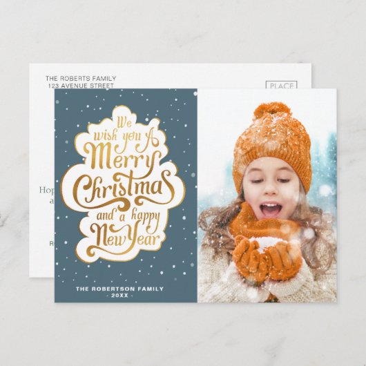 Carte Postale écriture or photo Noël (Devant / Derrière)