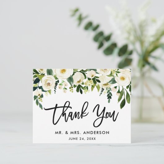 Carte Postale Écriture Pinceau Floral Vert Blanc Mariage Remerci (Debout devant)