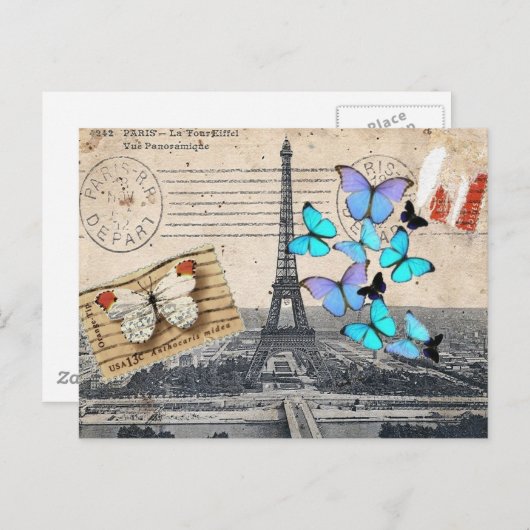 Carte Postale écritures postmark papillon Paris Effiel Tower (Devant / Derrière)