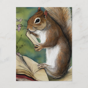 Carte Postale Écureuil à l'aquarelle lisant un livre