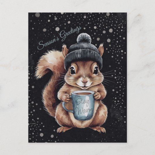 Carte Postale Écureuil avec tasse et neige "Stay Warm" (Devant)
