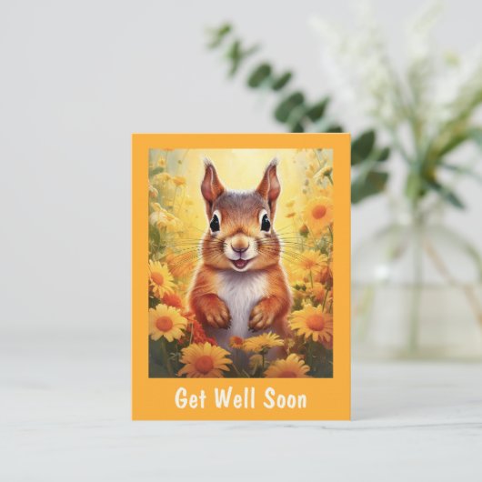 Carte Postale Écureuil dans des fleurs jaunes Cadeau prompt réta (Debout devant)