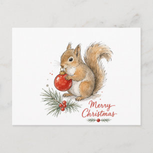 Carte Postale Écureuil de Noël avec ornement rouge