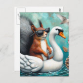 Carte Postale Écureuil drôle sur un cygne gonflable (Devant / Derrière)