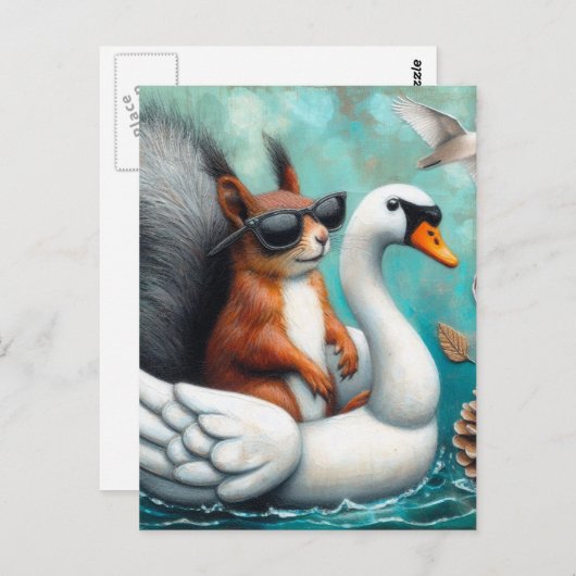 Carte Postale Écureuil drôle sur un cygne gonflable (Devant / Derrière)