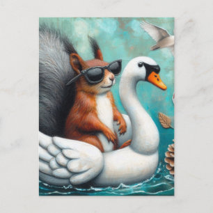 Carte Postale Écureuil drôle sur un cygne gonflable