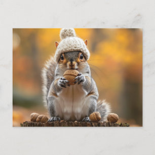 Carte Postale Écureuil en Knit Casquette tenant la noix