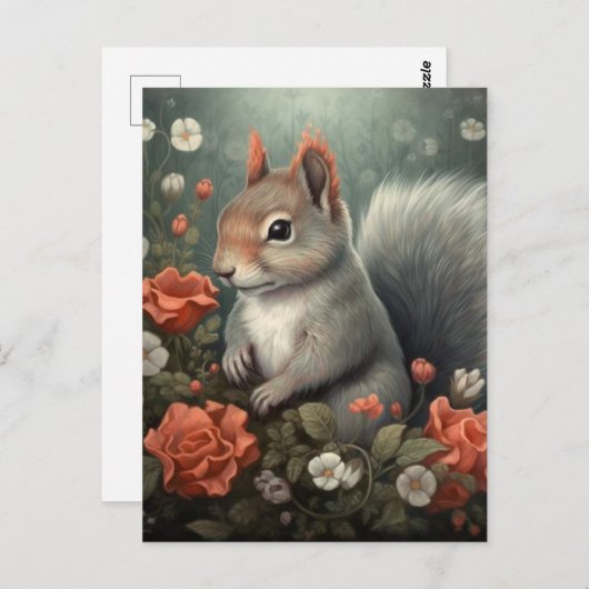 Carte Postale Écureuil et fleurs (Devant / Derrière)