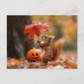 Carte Postale Écureuil mignon avec parapluie à feuilles - Pluie  (Devant)