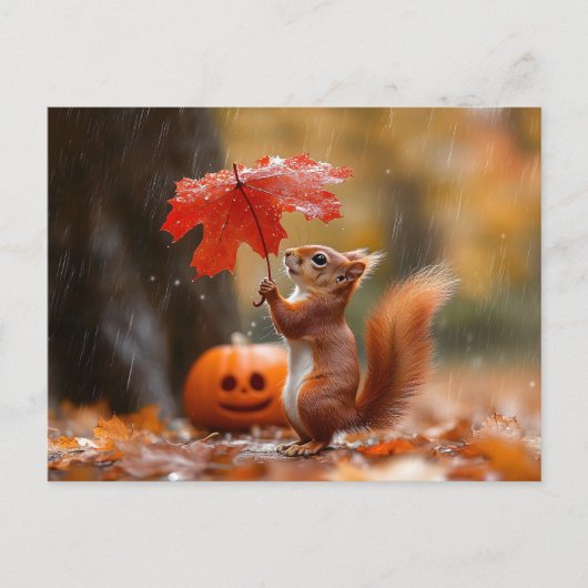 Carte Postale Écureuil mignon avec parapluie à feuilles - Pluie  (Devant)