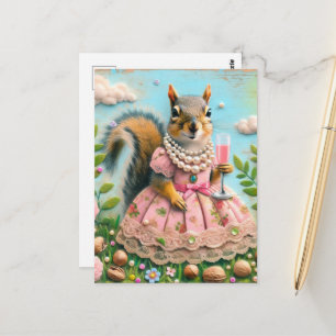 Carte Postale Écureuil mignon dans une robe rose avec une boisso