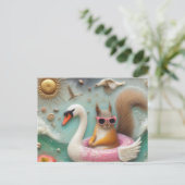 Carte Postale Écureuil mignon sur un flotteur de cygne rose et b (Debout devant)