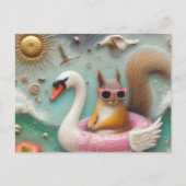 Carte Postale Écureuil mignon sur un flotteur de cygne rose et b (Devant)