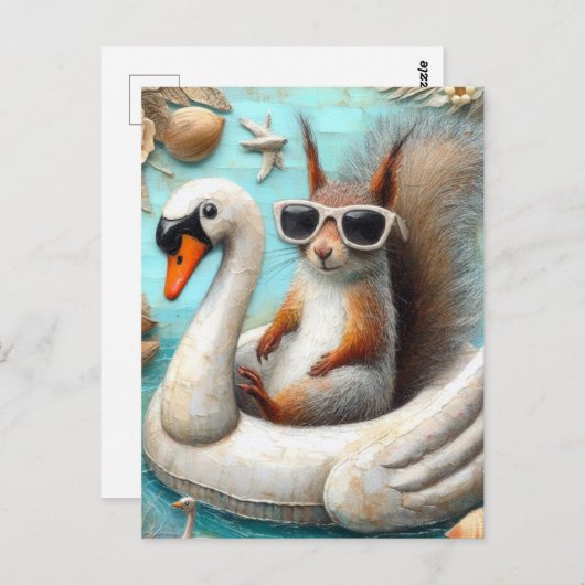 Carte Postale Écureuil sur le cygne flottant drôle mignonne (Devant / Derrière)