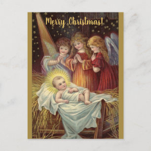 Carte Postale Éditable Vintage Jésus bébé et anges de Noël